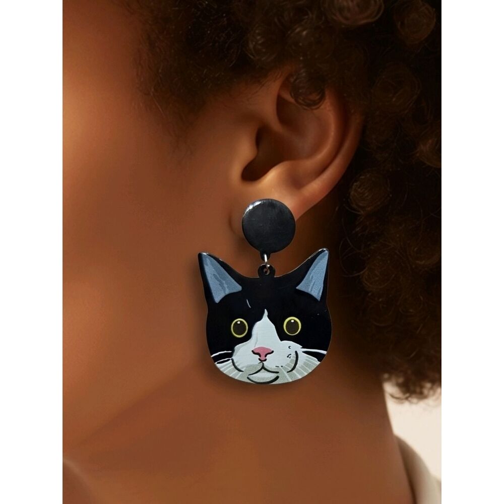 Large Black Tuxedo Cat Stud Earrings Gothic Kitty Dangle Cute Acrylic Statement
